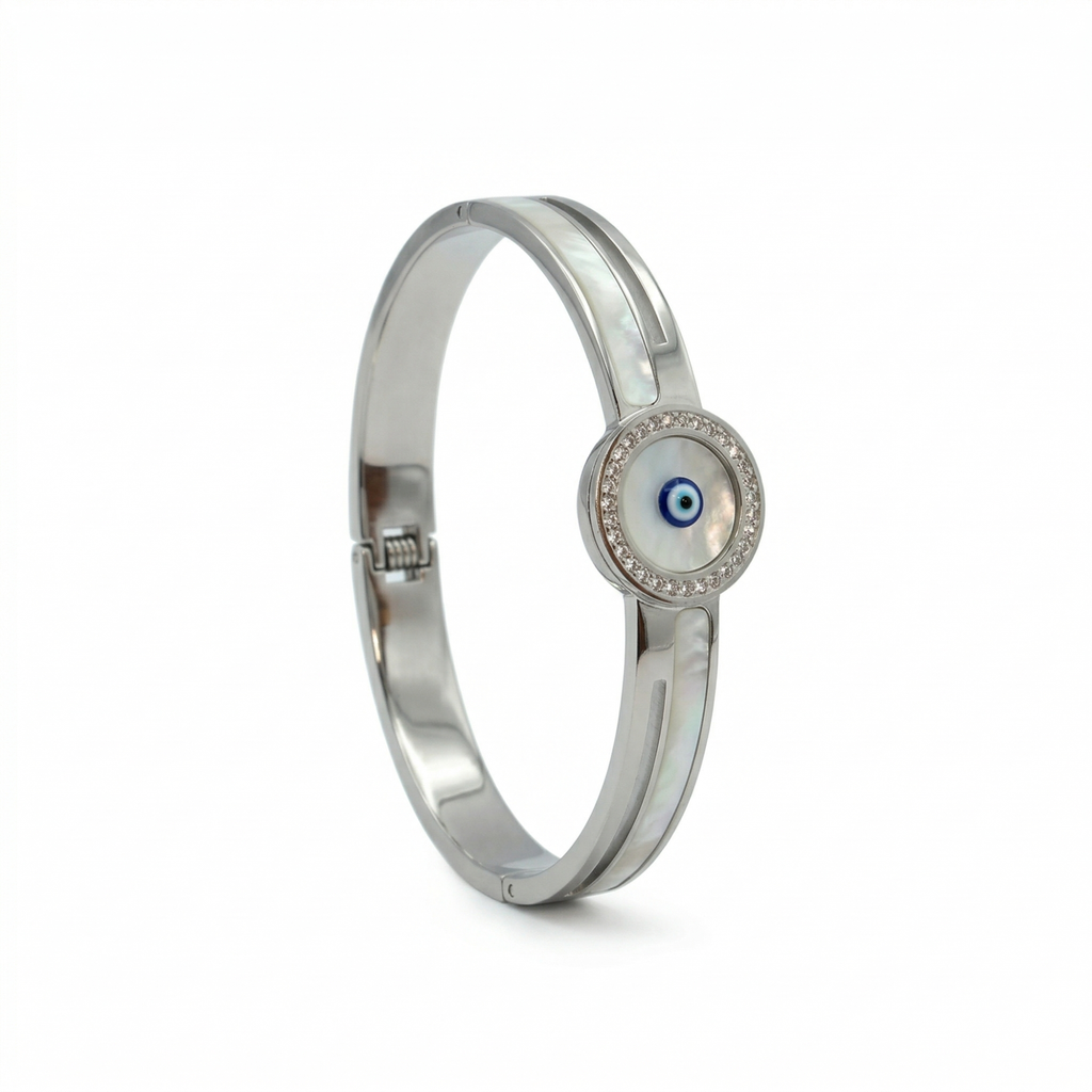 Pulsera Rígida con Ojo Turco y Nácar - 100% Acero Bañado en Rodio