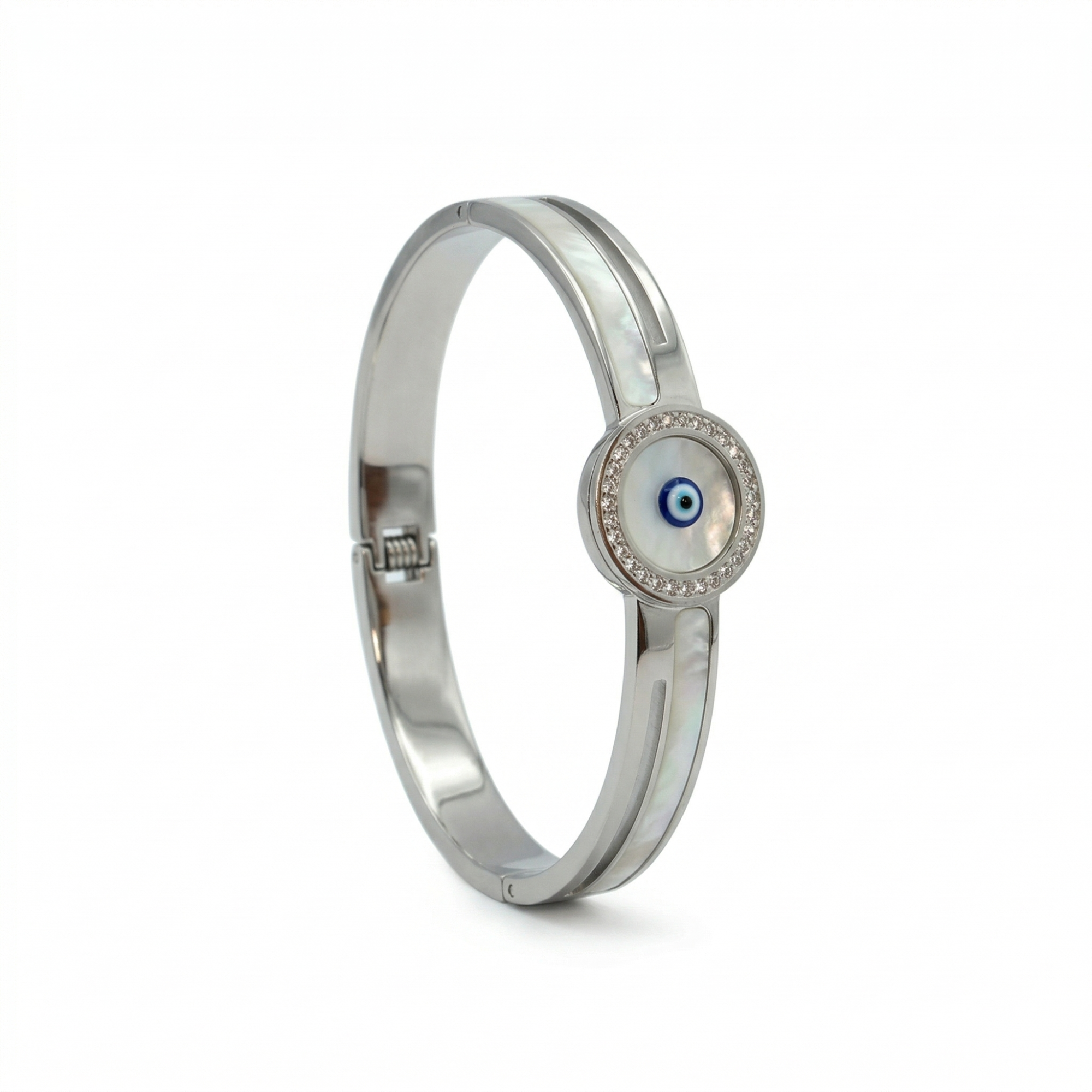 Pulsera Rígida con Ojo Turco y Nácar - 100% Acero Bañado en Rodio