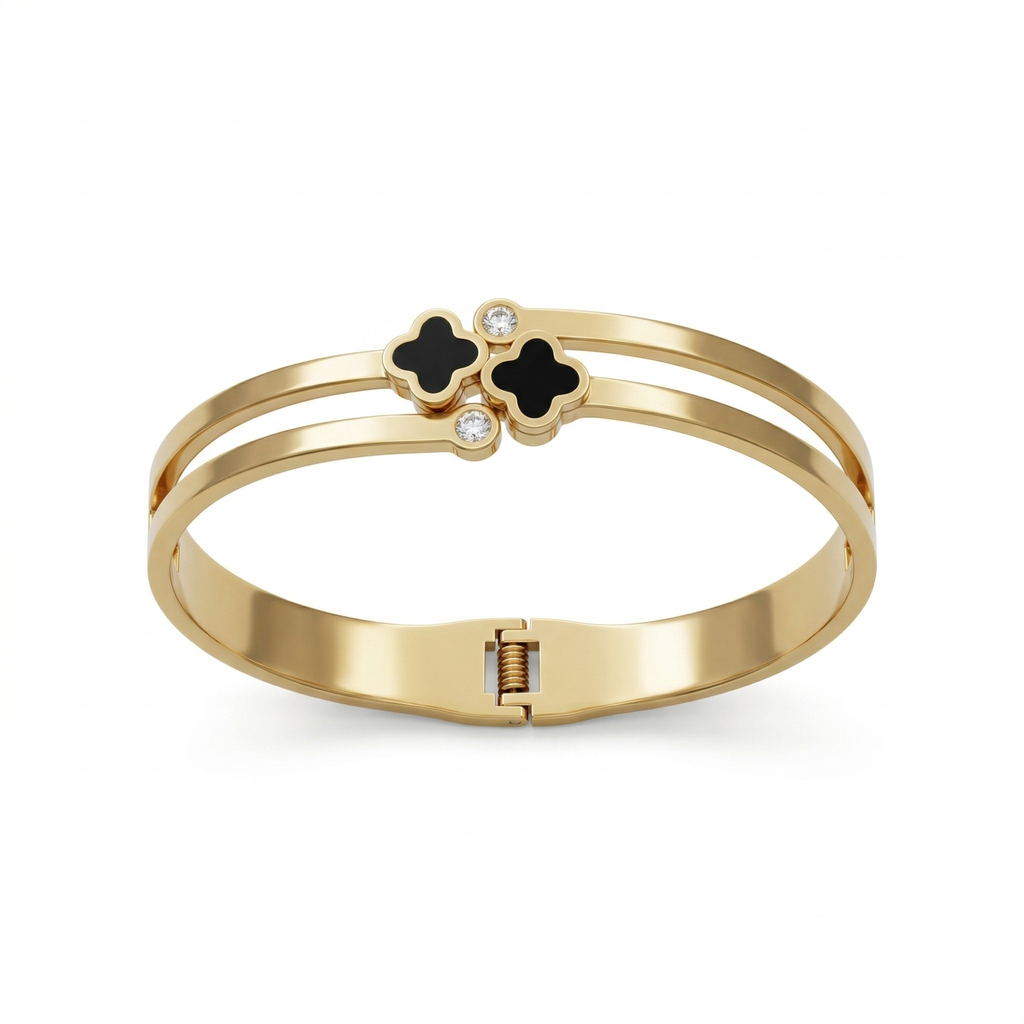 Pulsera Rígida Doble Banda con Tréboles Esmaltados Negros y Circonitas - 100% Acero Bañado en Oro 18K
