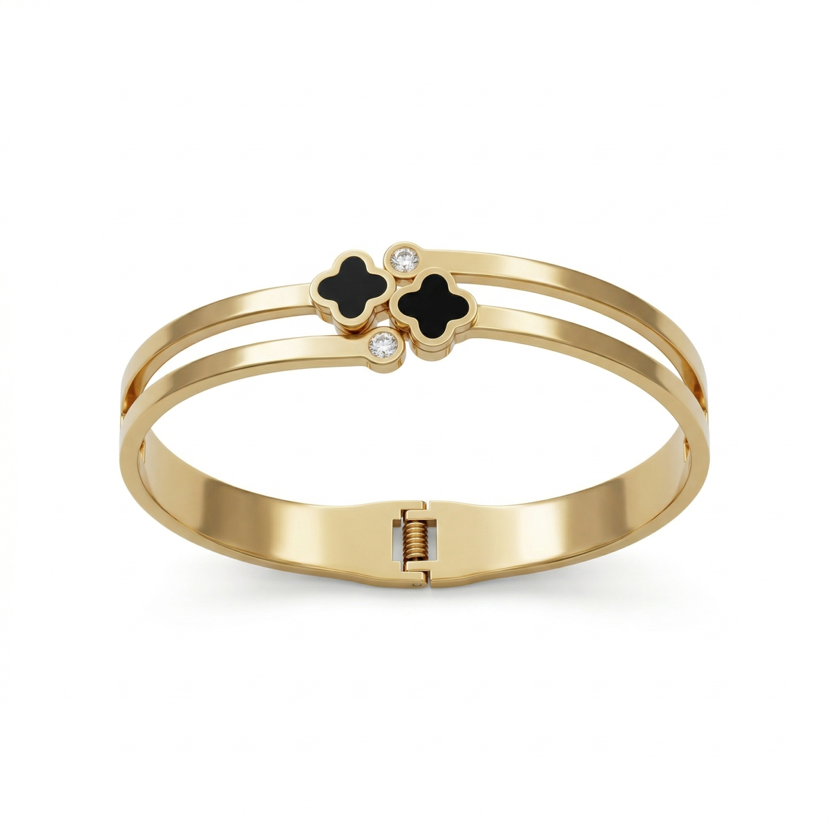 Pulsera Rígida Doble Banda con Tréboles Esmaltados Negros y Circonitas - 100% Acero Bañado en Oro 18K