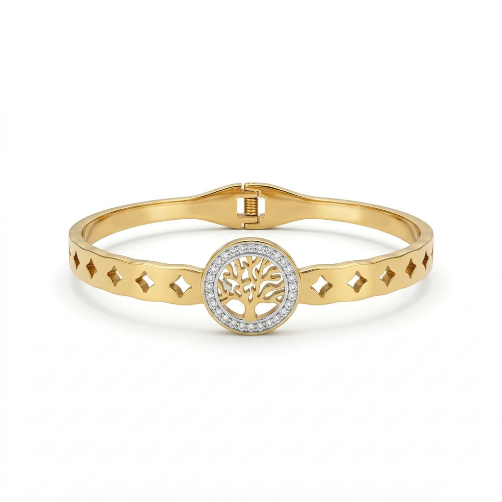 Pulsera Rígida con Árbol de la Vida y Circonitas - 100% Acero Bañado en Oro 18K