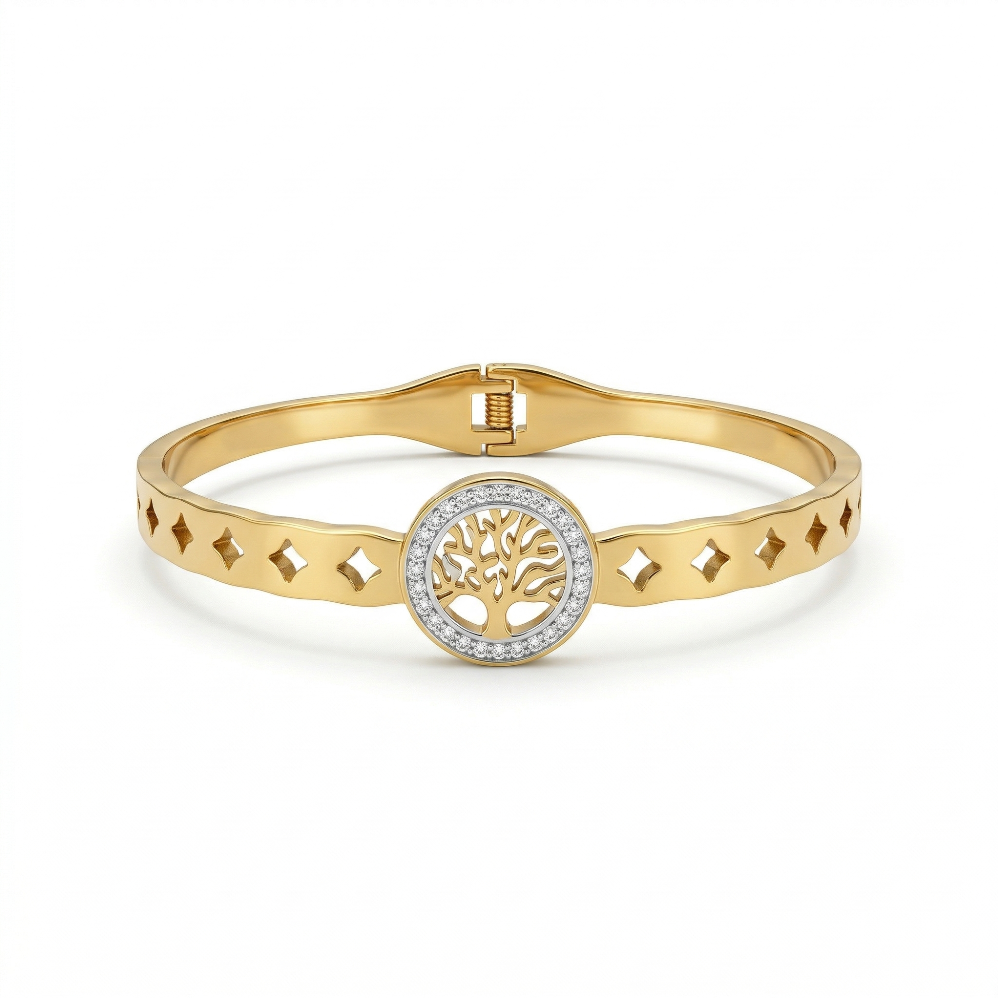 Pulsera Rígida con Árbol de la Vida y Circonitas - 100% Acero Bañado en Oro 18K
