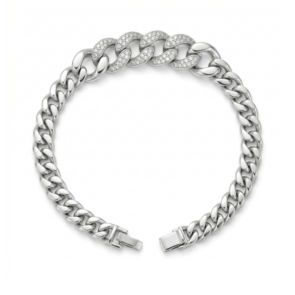 Pulsera de Cadena Gruesa con Eslabones Centrales de Brillantes de Acero Chapado en Plata