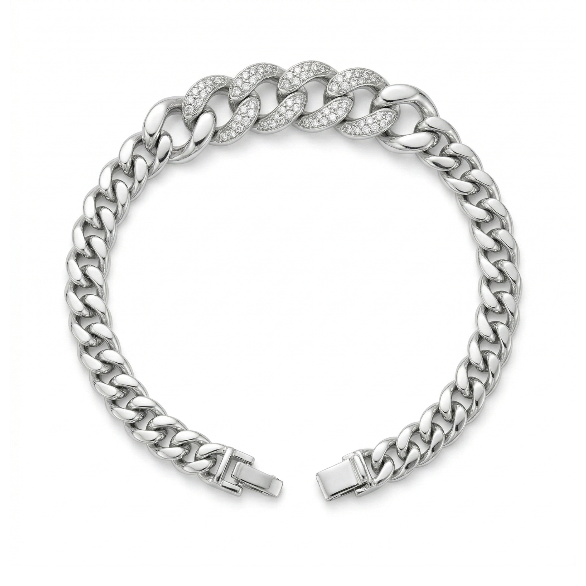 Pulsera de Cadena Gruesa con Eslabones Centrales de Brillantes de Acero Chapado en Plata