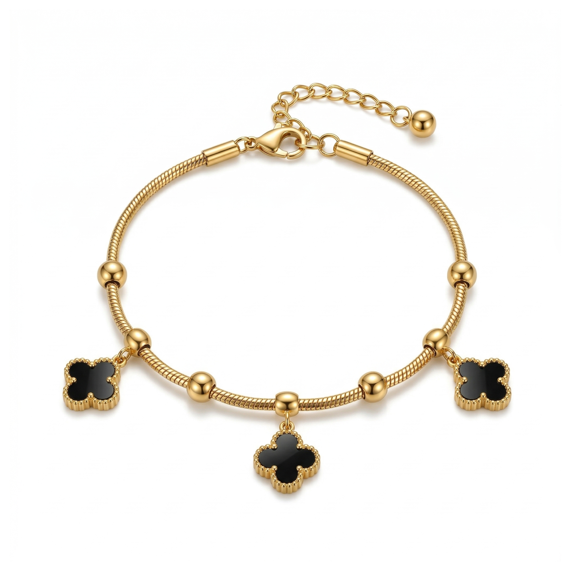 Pulsera de Cadena de Bolitas y Tréboles de Cuatro Hojas Negros - Acero Inoxidable Bañado en Oro
