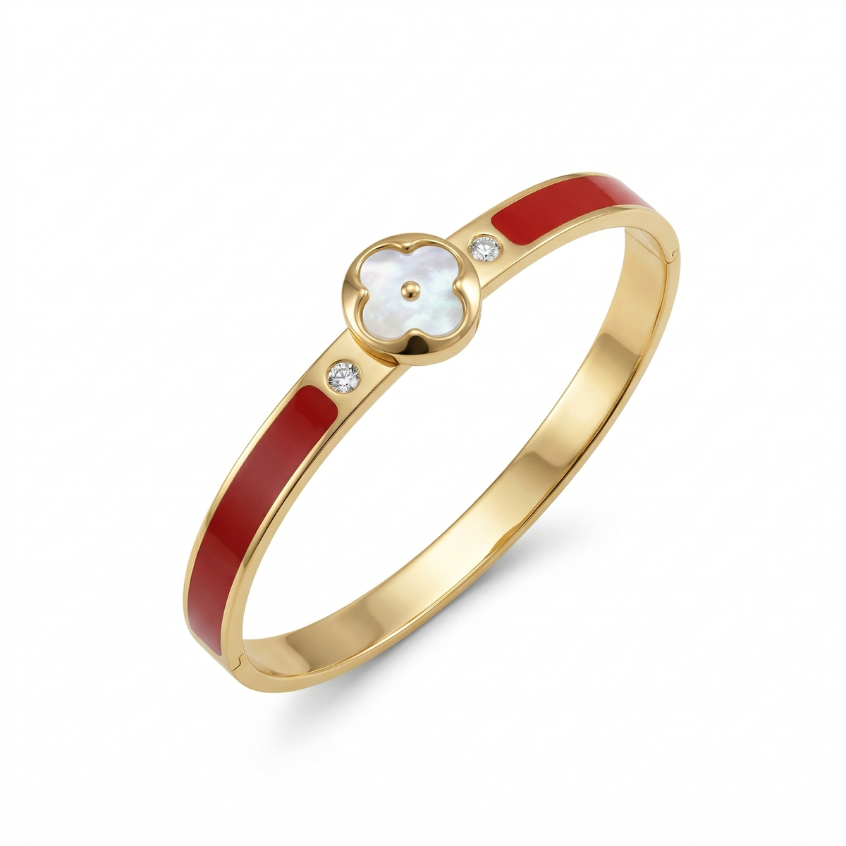 Pulsera Rígida con Trébol de Nácar y Circonitas, Detalles Esmaltados Rojos - 100% Acero Bañado en Oro 18K