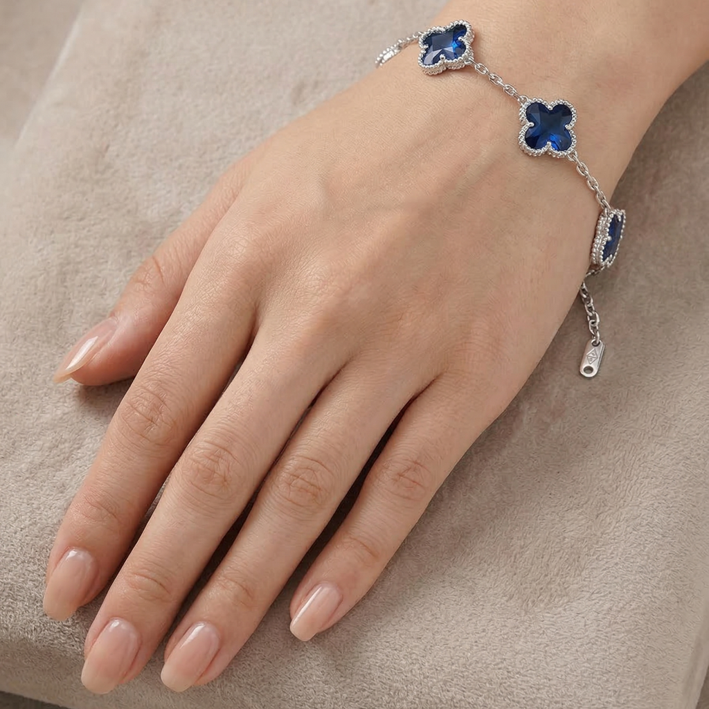 Pulsera de Trébol Azul Mármol Iridiscente 100% Acero Inoxidable Color Plata