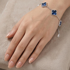 Pulsera de Trébol Azul Mármol Iridiscente 100% Acero Inoxidable Color Plata