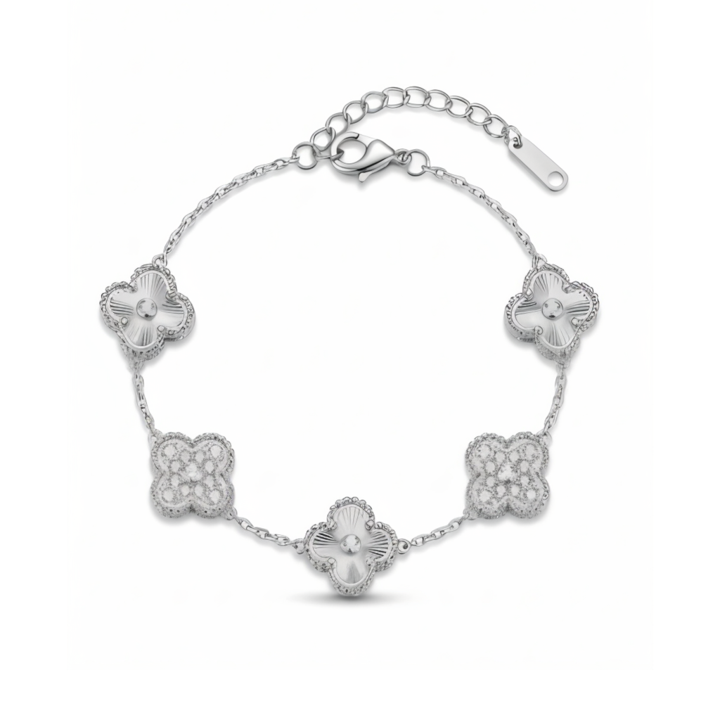 Pulsera de Trébol Plateada con Detalles de Brillo 100% Acero Inoxidable