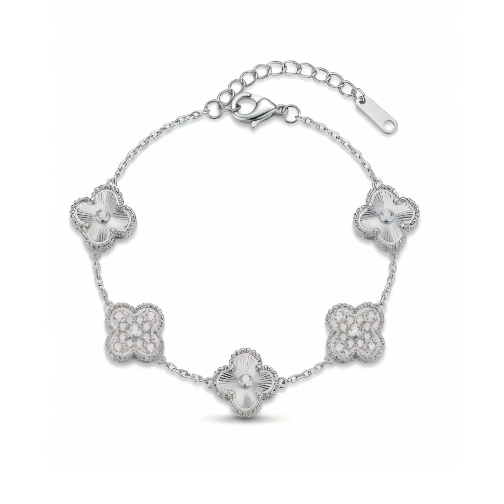 Pulsera de Trébol Plateada con Detalles de Brillo 100% Acero Inoxidable