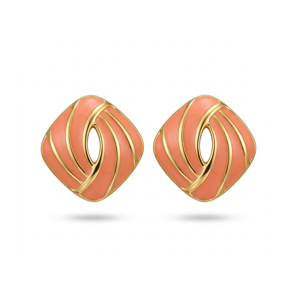 Pendientes Geométricos Esmalte Rosa y Rayas Doradas 100% Acero Bañado en Oro 18K