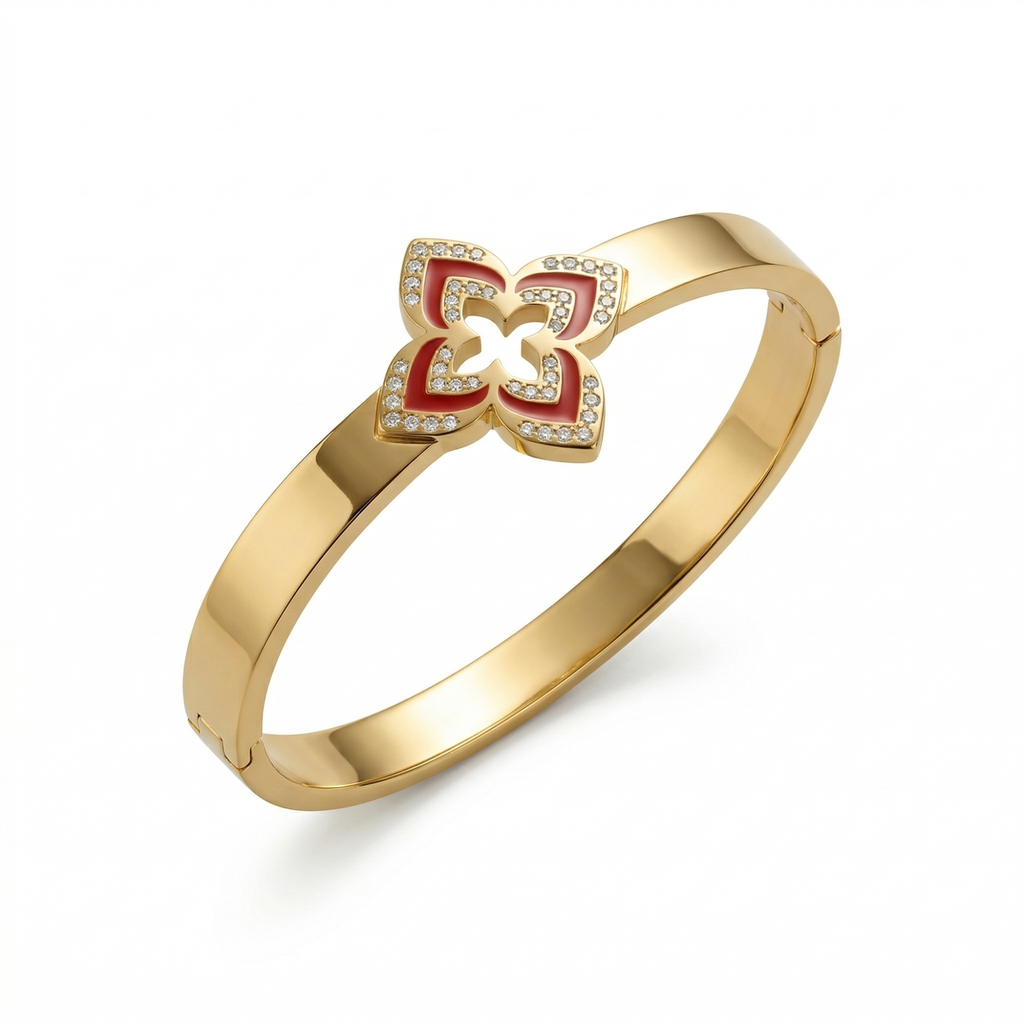 Pulsera Rígida con Flor de Cuatro Pétalos Esmaltada Roja y Circonitas - 100% Acero Bañado en Oro 18K