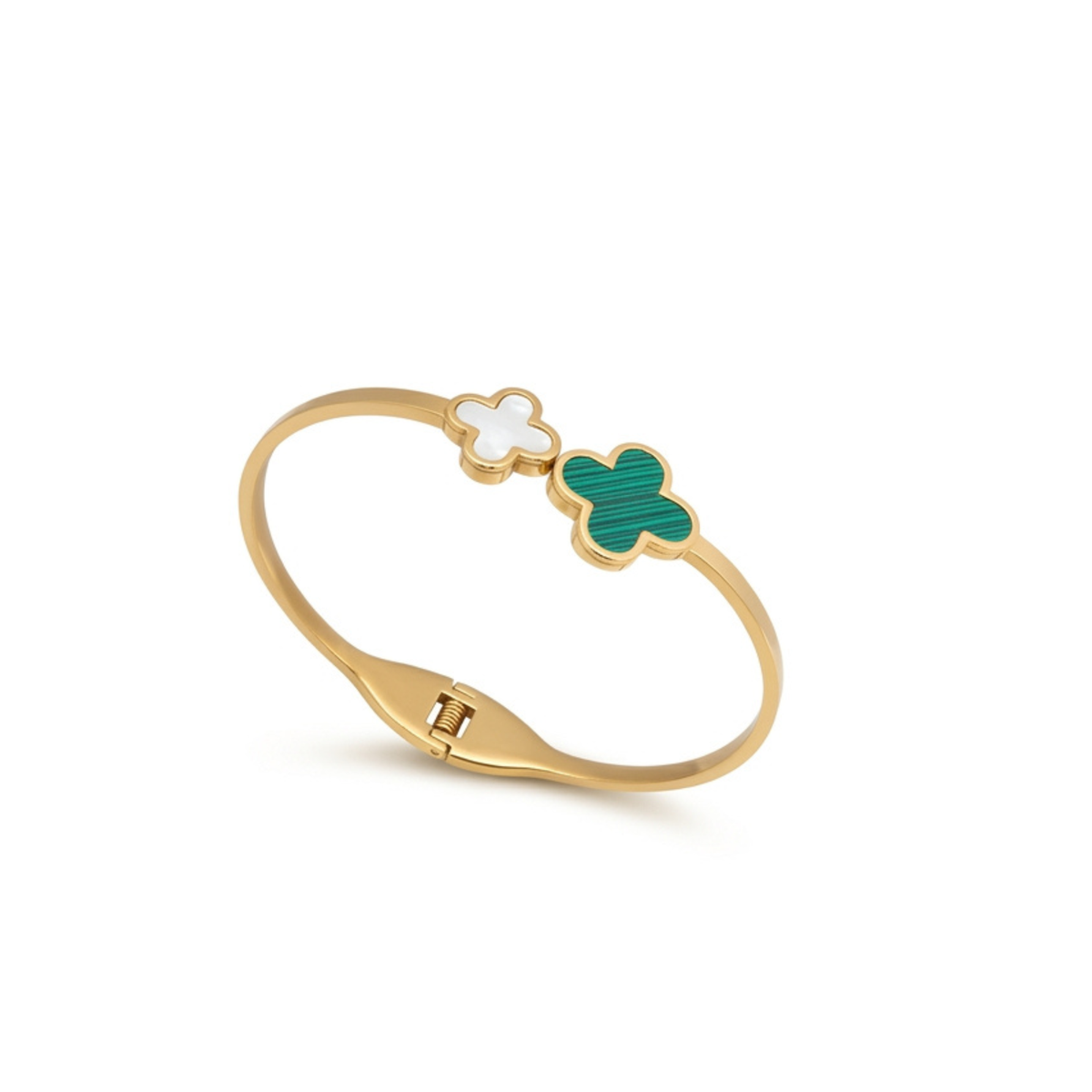 Pulsera Rígida con Trébol Blanco Nácar y Verde Malaquita 100% Acero Bañado en Oro 18K