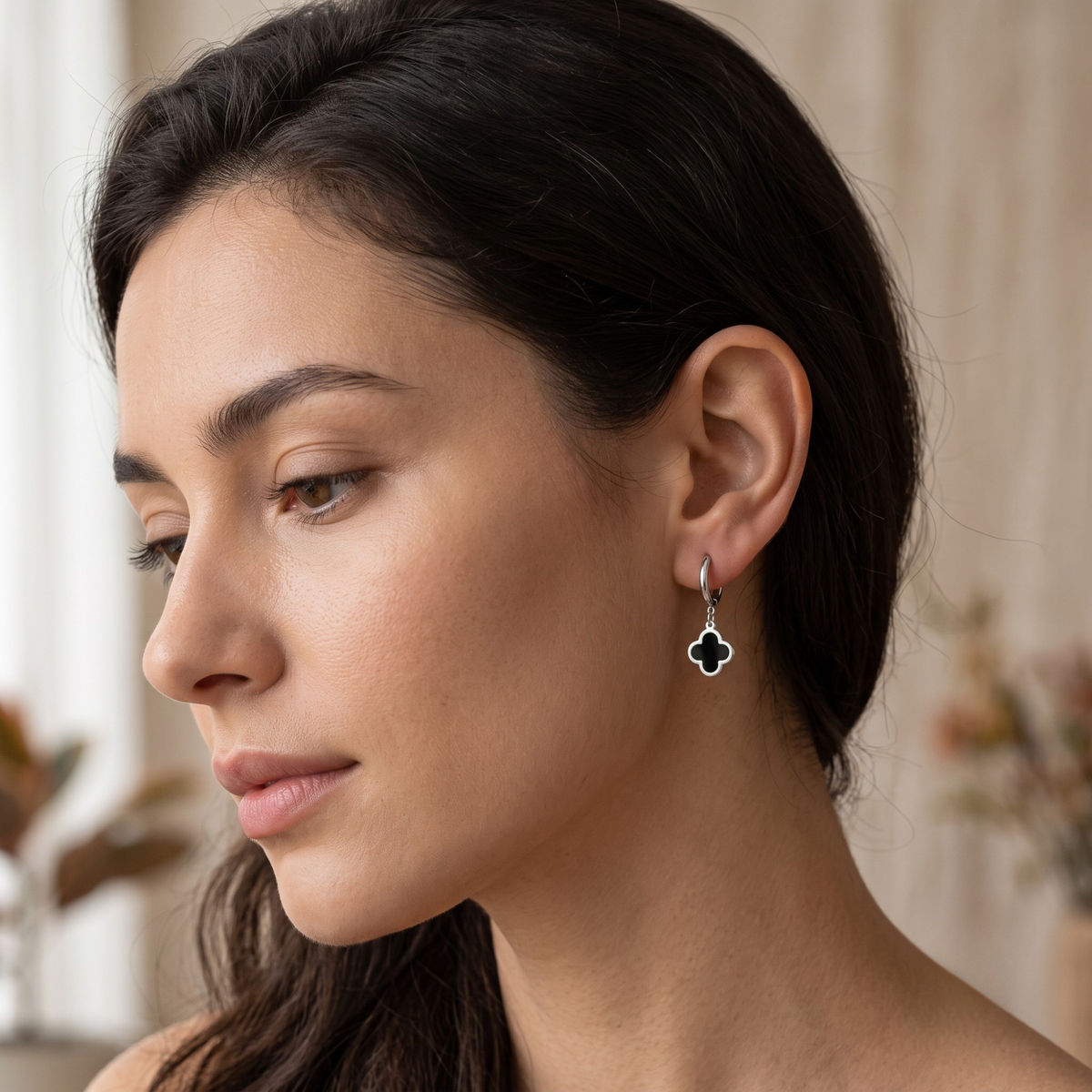 Pendientes Trèfle Noir Argent Hoop