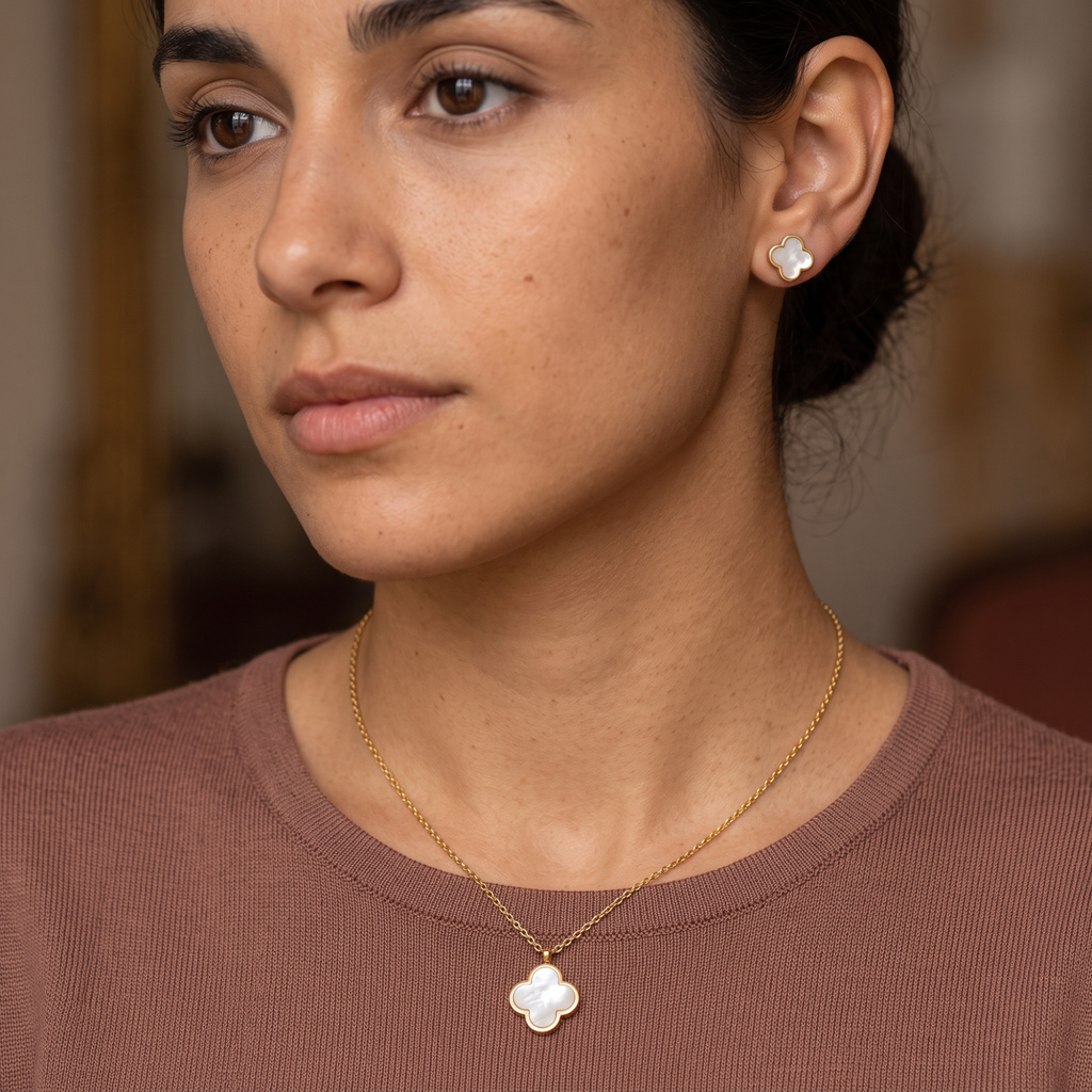 Collar y Pendientes Trèfle Blanc Précieux