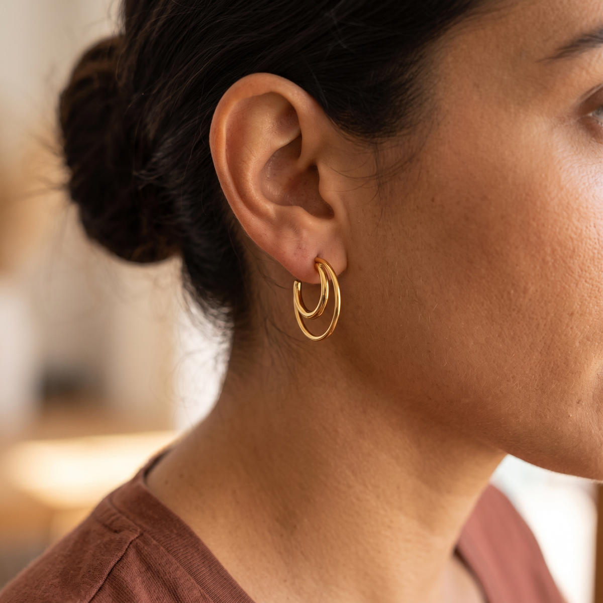 Pendientes de Doble Aro Media Luna 100% Acero Bañado en Oro 18K