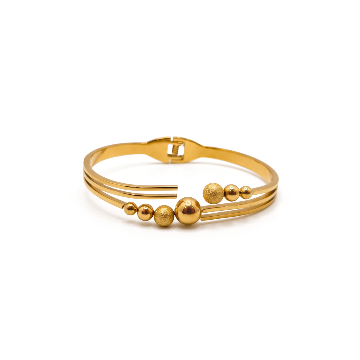 Brazalete Rígido Abierto de Acero Chapado en Oro 18K con Bolas Lisas y Texturizadas