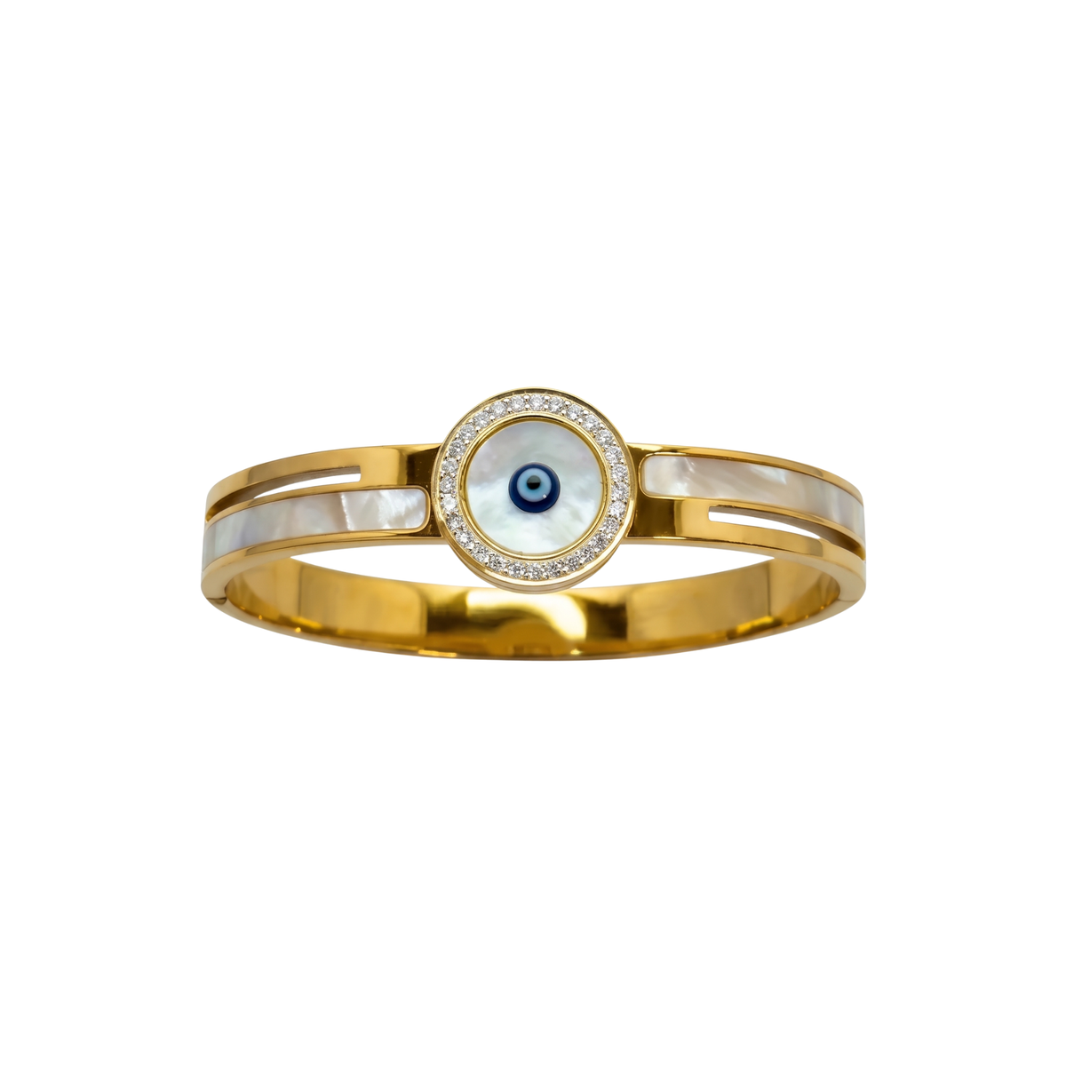 Pulsera Rígida con Ojo Turco y Nácar - 100% Acero Bañado en Oro 18K