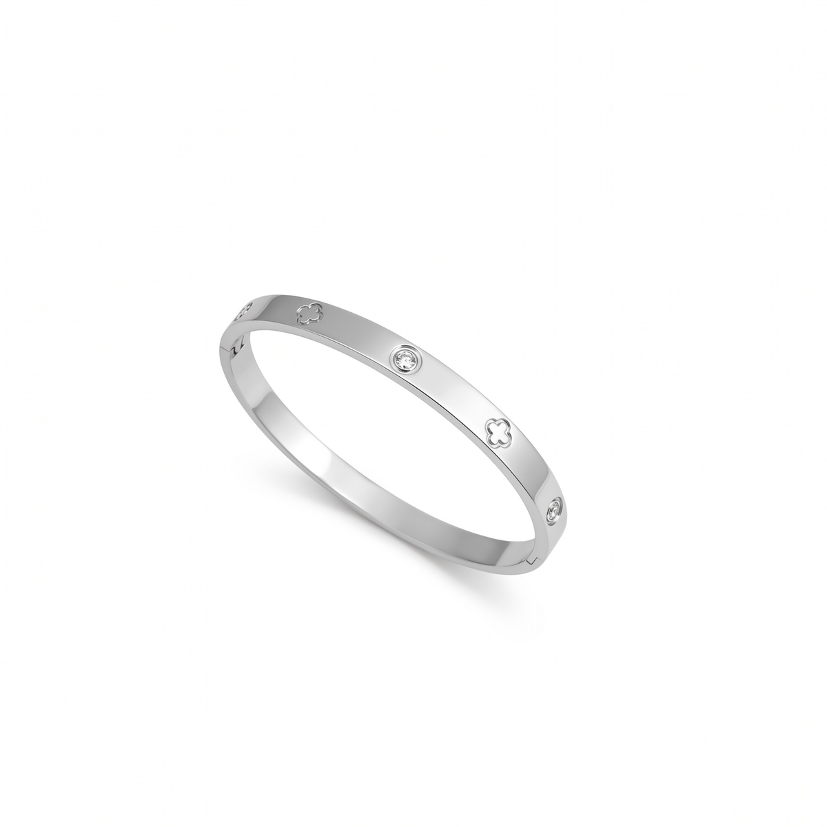 Pulsera Rígida con Circonitas y Detalles de Tornillo 100% Acero Inoxidable Color Plata