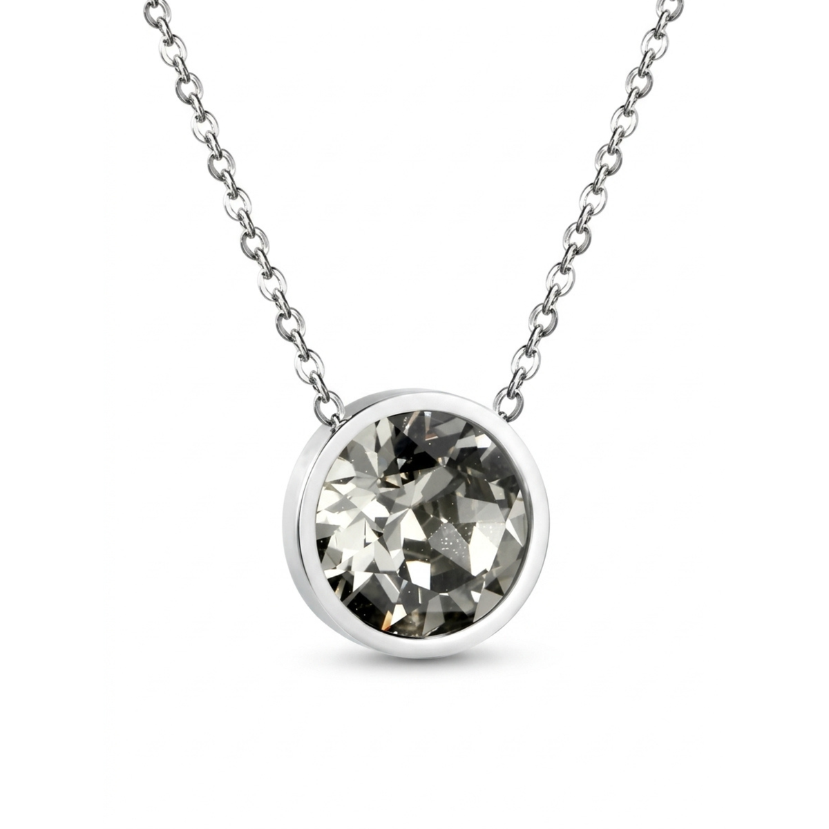 Collar Solitario con Cristal Redondo - 100% Acero Bañado en Plata