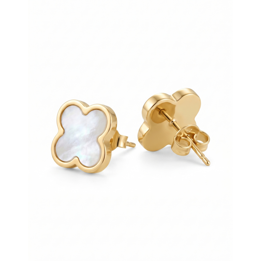 Pendientes de Botón Trébol Blanco Nácar 100% Acero Bañado en Oro 18K