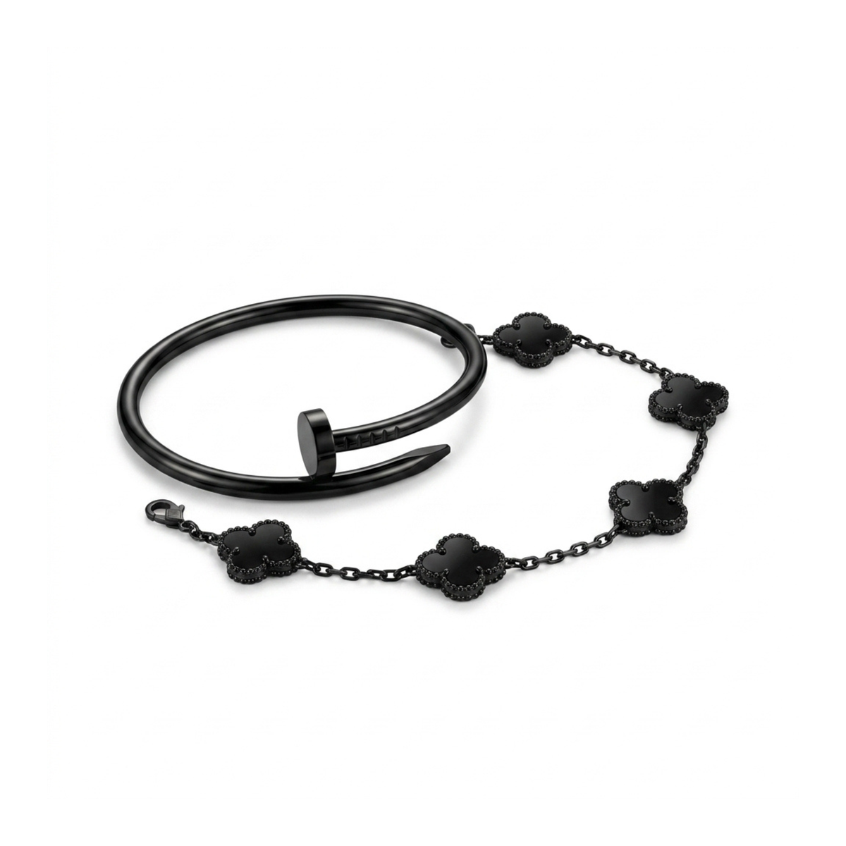 Dúo de Pulseras Negras de Acero: Brazalete Clavo y Cadena Trébol