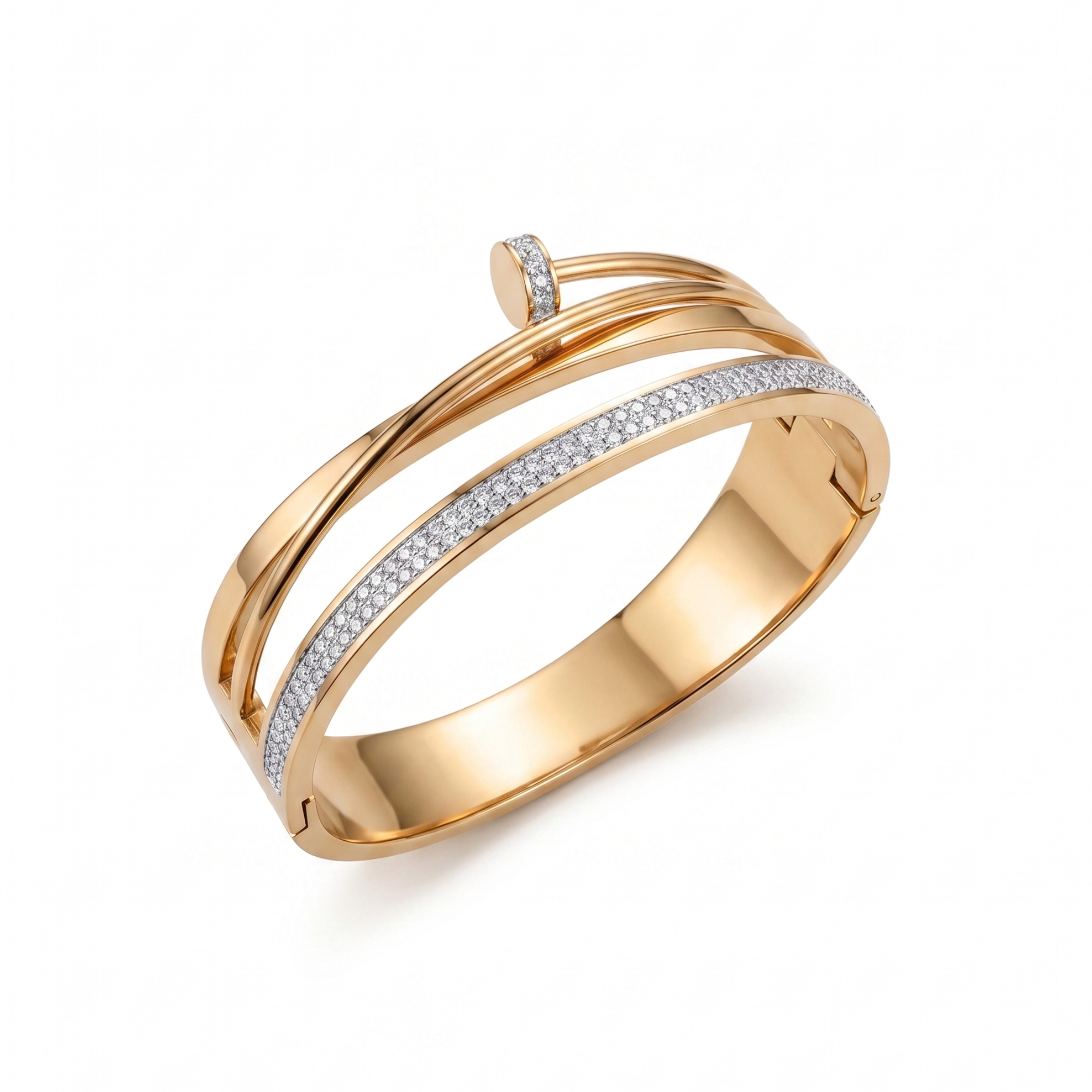 Brazalete Rígido Cruzado de Diseño "Clavo" con Cristales - 100% Acero Bañado en Oro 18K