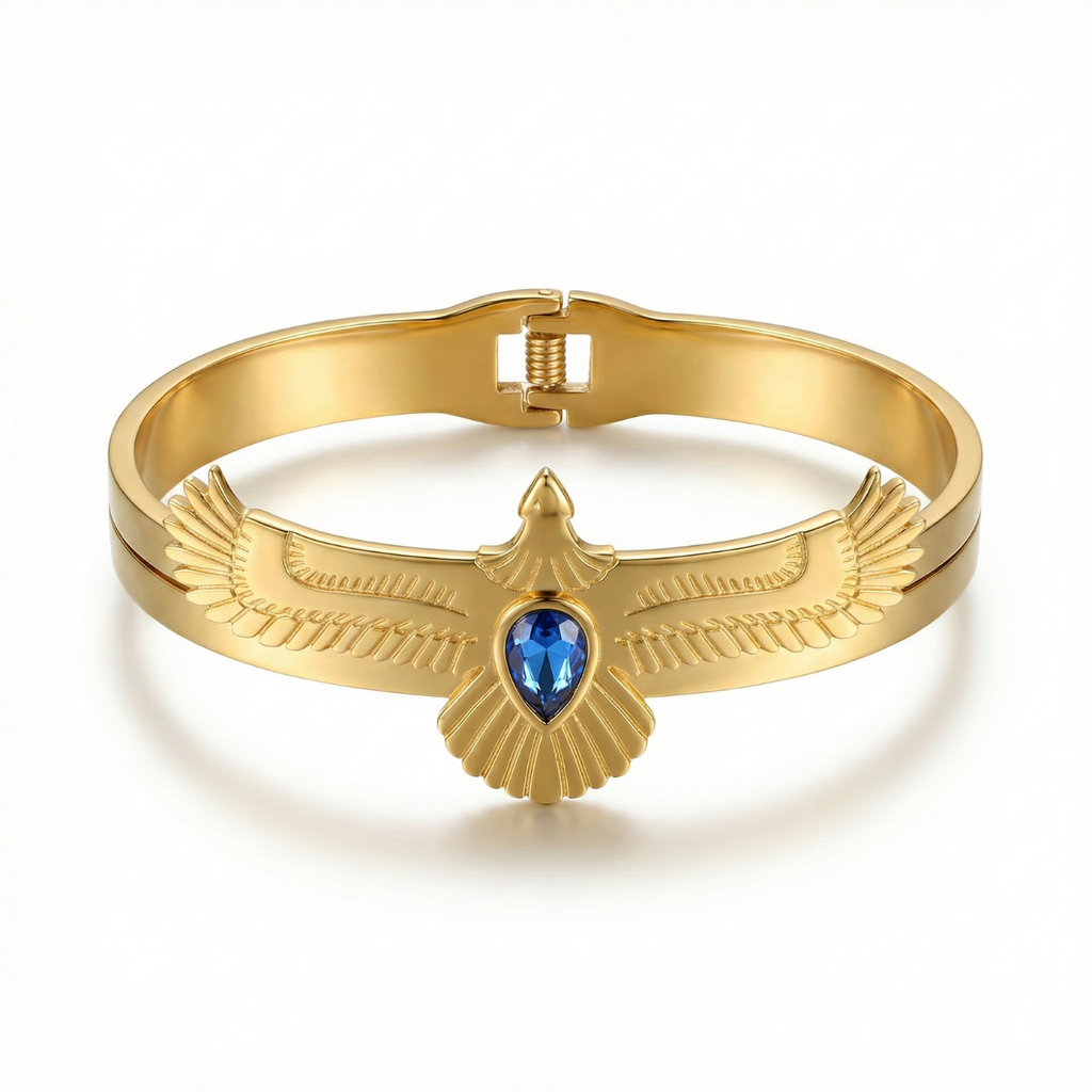 Brazalete Rígido Ave Fénix con Cristal Zafiro – 100% Acero Bañado en Oro 18K