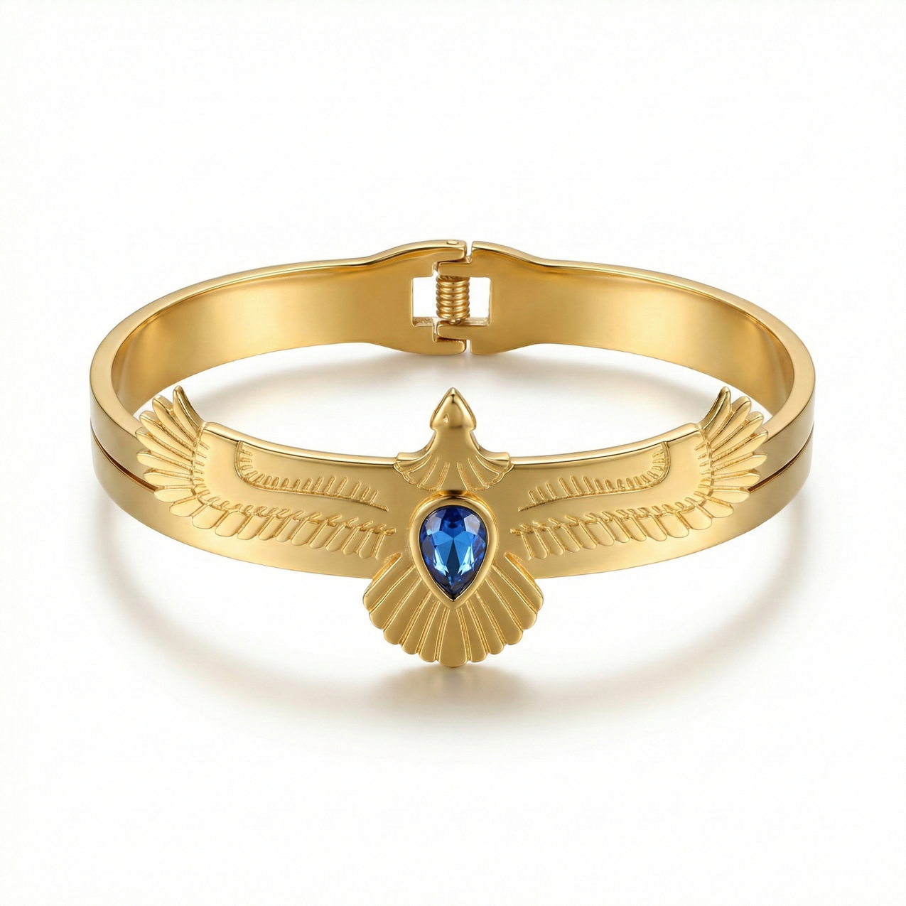 Brazalete Rígido Ave Fénix con Cristal Zafiro – 100% Acero Bañado en Oro 18K