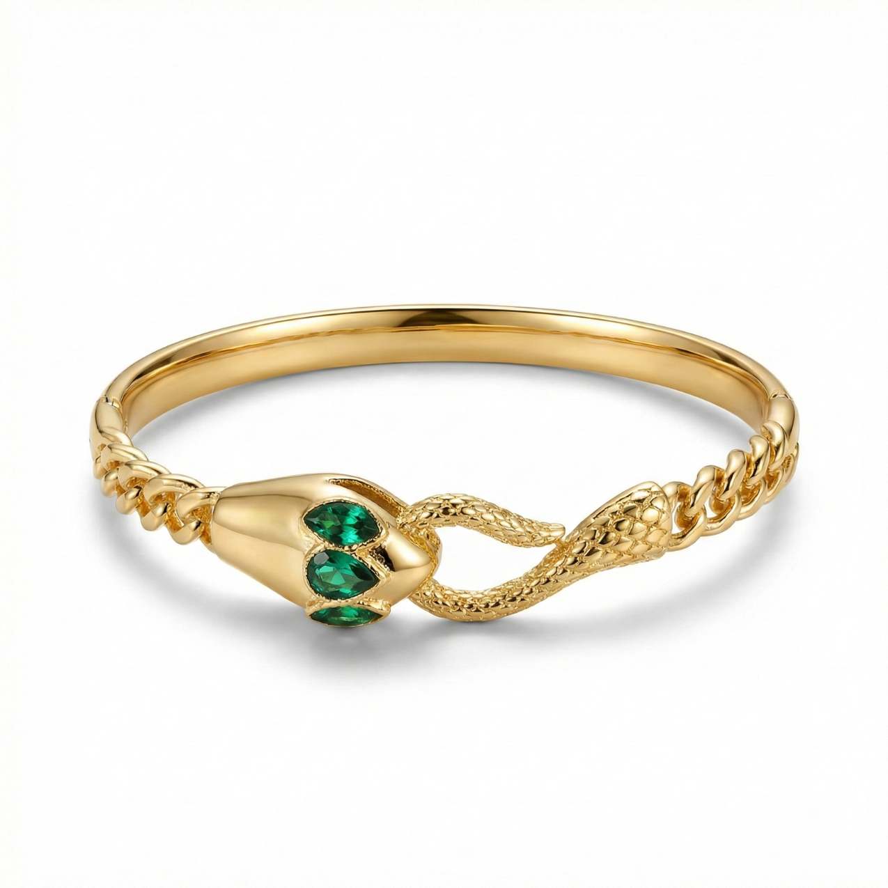 Brazalete Rígido de Serpiente con Cristales Esmeralda – 100% Acero Bañado en Oro 18K