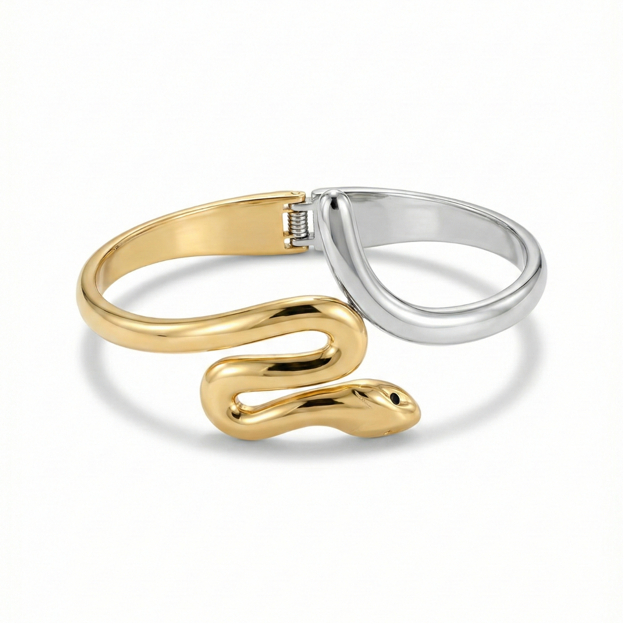 Brazalete Rígido Serpiente Bicolor (Oro y Plata) – 100% Acero Bañado en Oro 18K