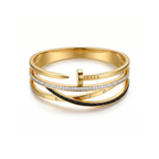 Brazalete Triple Diseño de Clavo y Cristales - 100% Acero Bañado en Oro 18K