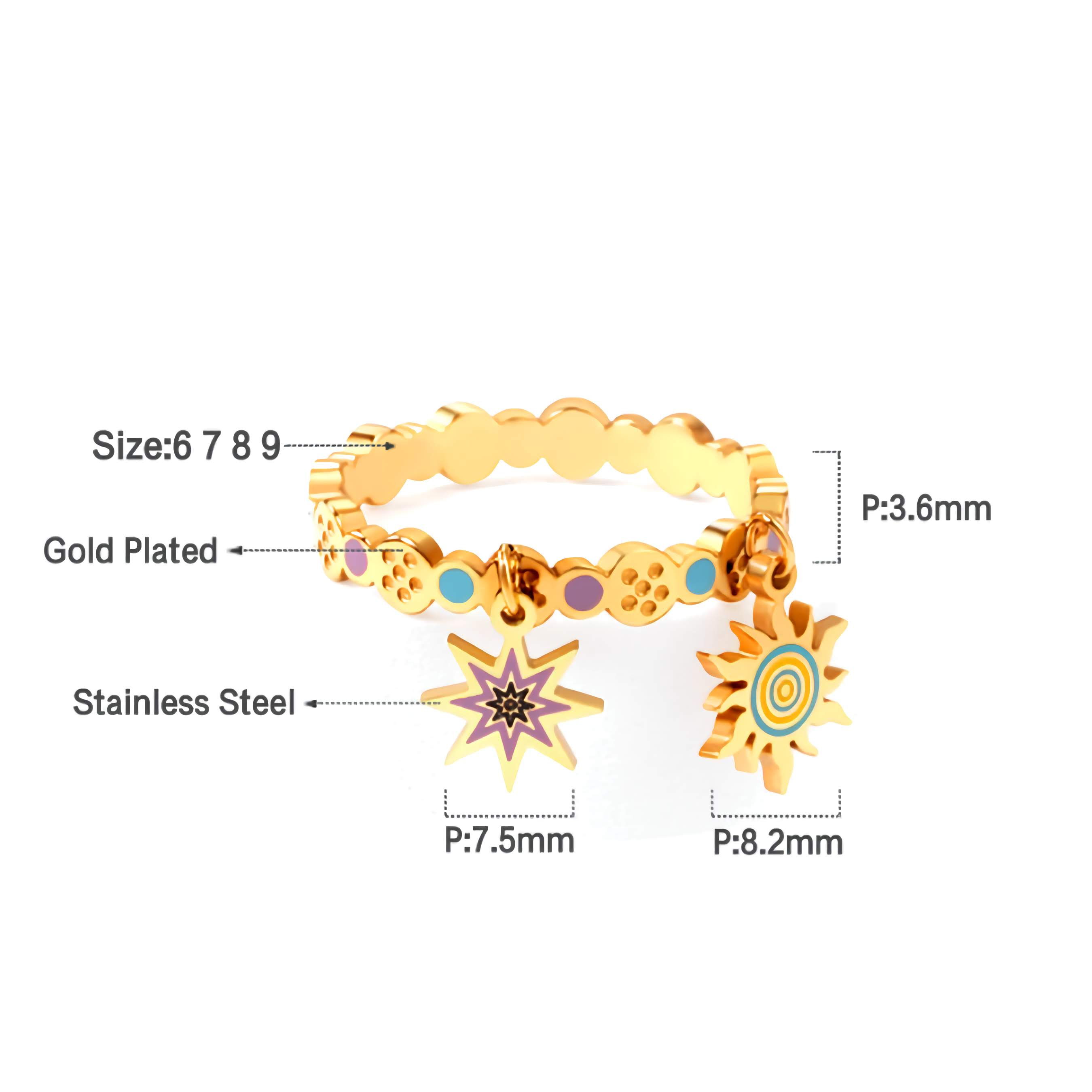 Anillo con Colgantes de Sol y Estrella Esmaltados - Acero Inoxidable Bañado en Oro