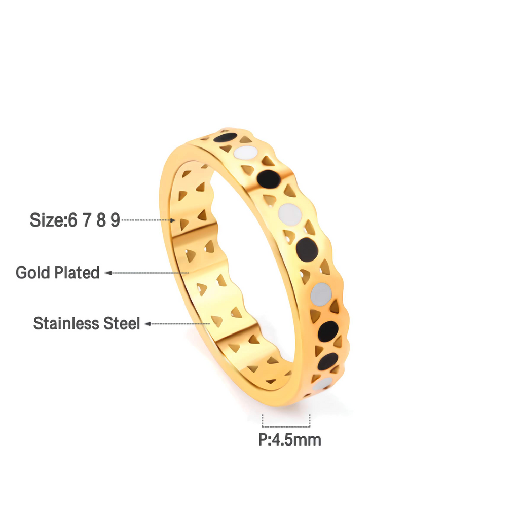Anillo Calado con Círculos Esmaltados Blanco y Negro - Acero Inoxidable Bañado en Oro