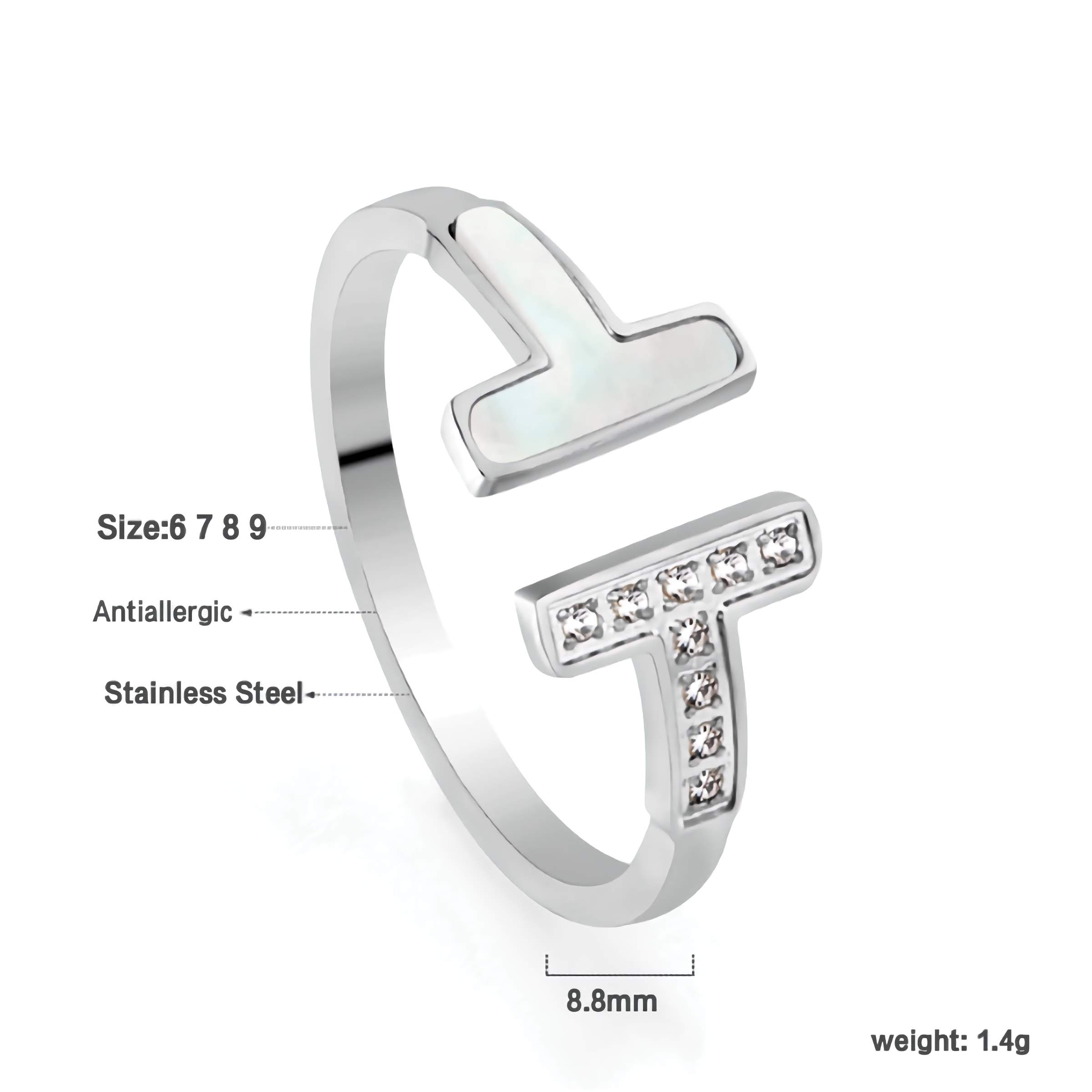 Anillo Abierto Doble T con Nácar y Circonitas - Acero Inoxidable Antialérgico