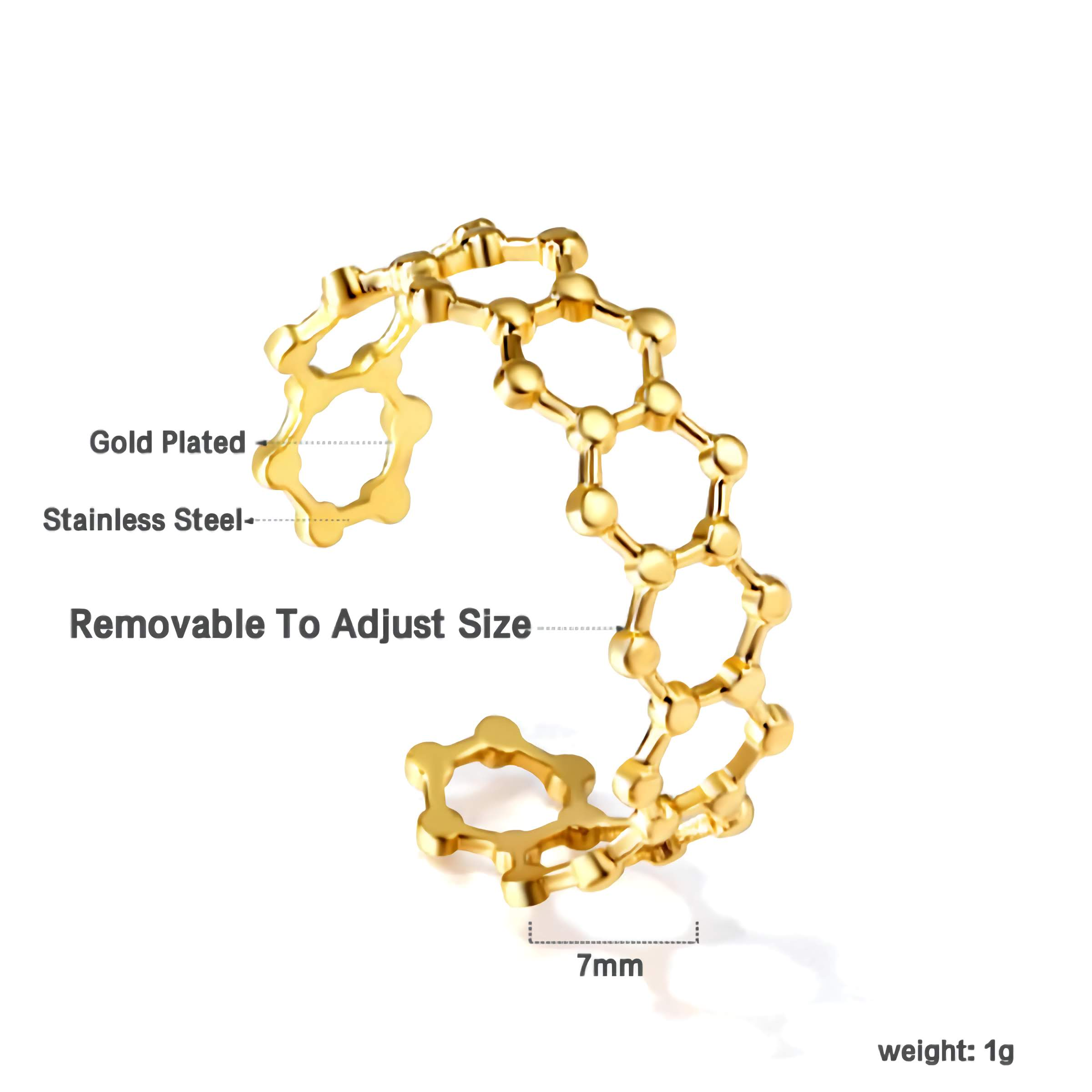Anillo Abierto Diseño Panal/Estructura Molecular - Acero Inoxidable Bañado en Oro