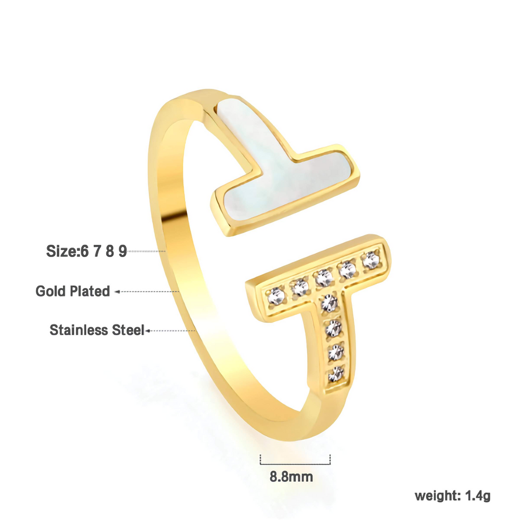 Anillo Abierto Doble T con Nácar y Circonitas - Acero Inoxidable Bañado en Oro 18K