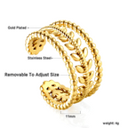 Anillo Abierto Ancho con Diseño de Hojas y Bolas - Acero Inoxidable Bañado en Oro