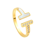 Anillo Abierto Doble T con Nácar y Circonitas - Acero Inoxidable Bañado en Oro 18K
