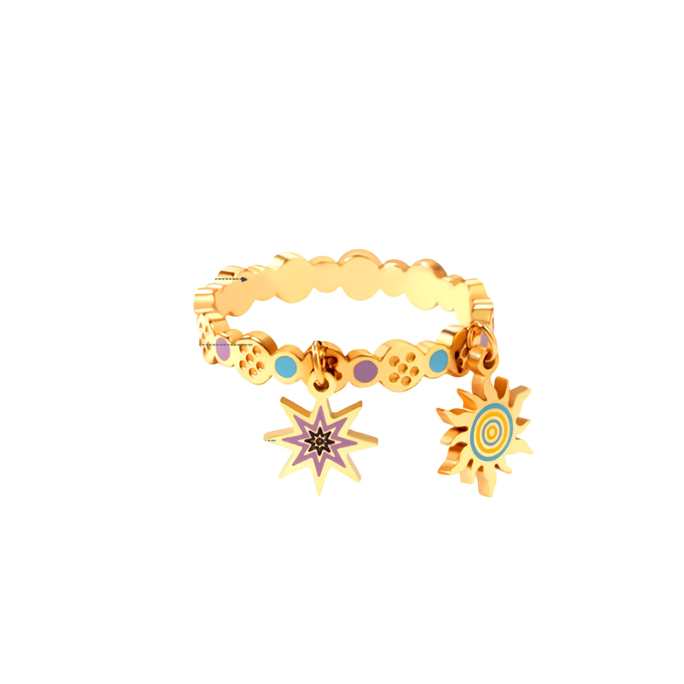 Anillo con Colgantes de Sol y Estrella Esmaltados - Acero Inoxidable Bañado en Oro