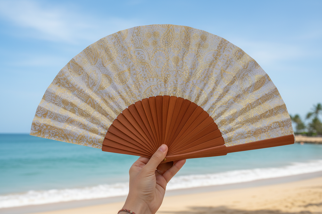 Gold Paisley print Boho 23cm fan
