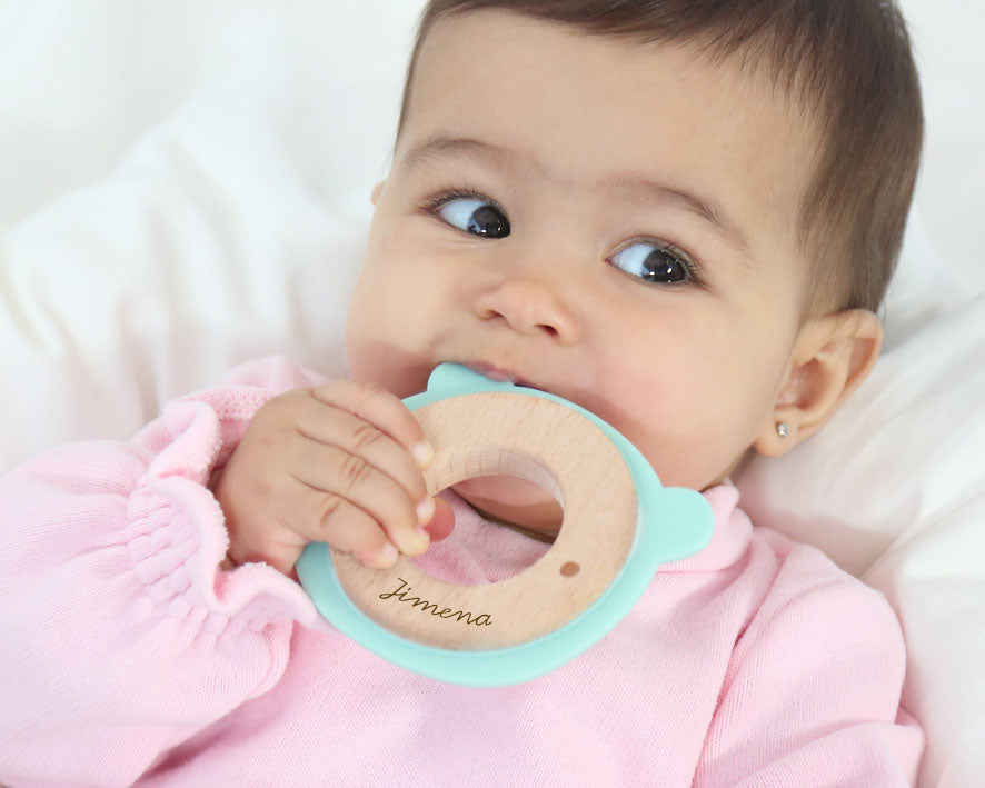 Mordedor de Madera y Silicona Osito-conejo Personalizado | Bebé +3 Meses