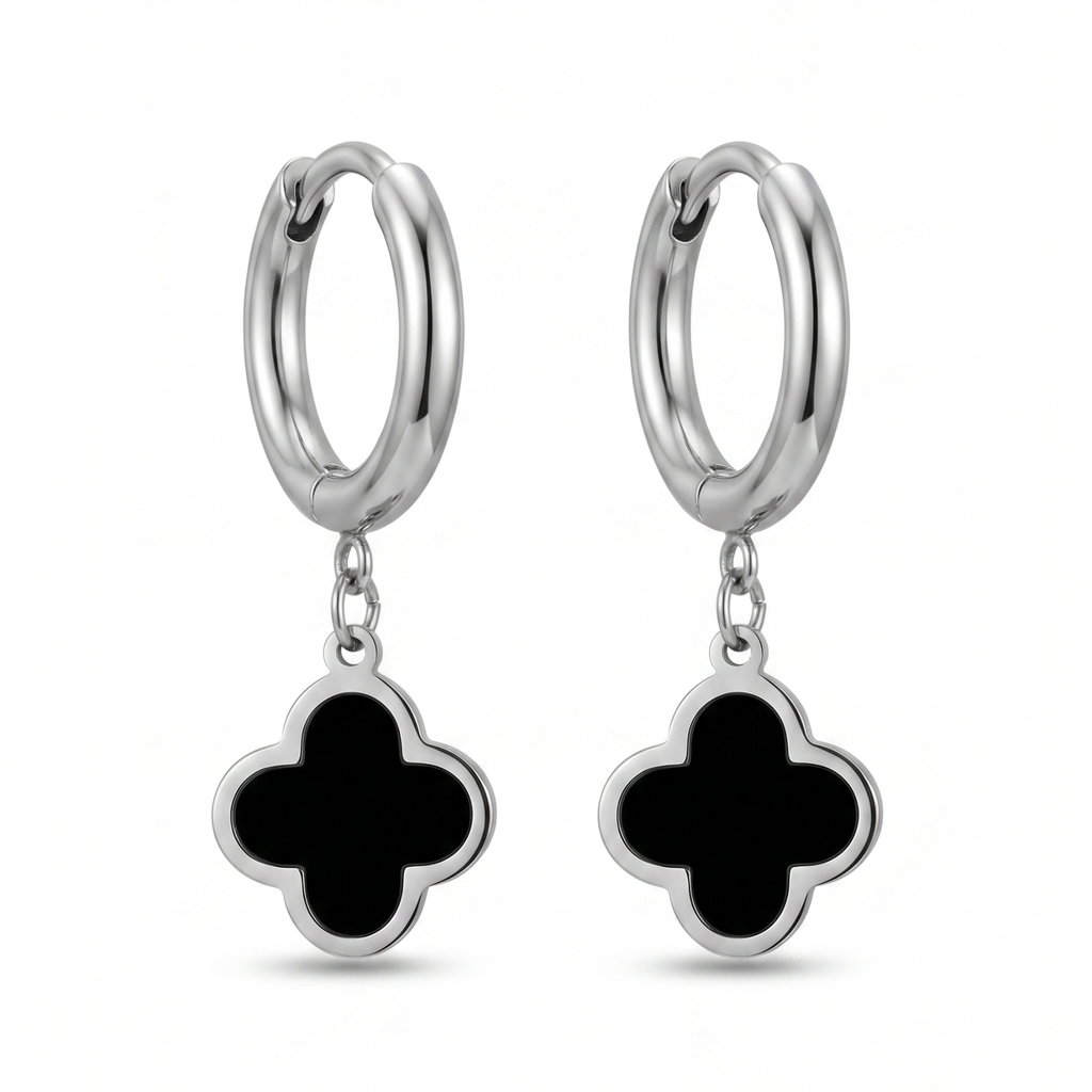 Pendientes Trèfle Noir Argent Hoop