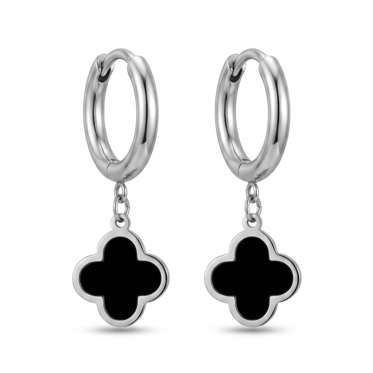 Pendientes Trèfle Noir Argent Hoop