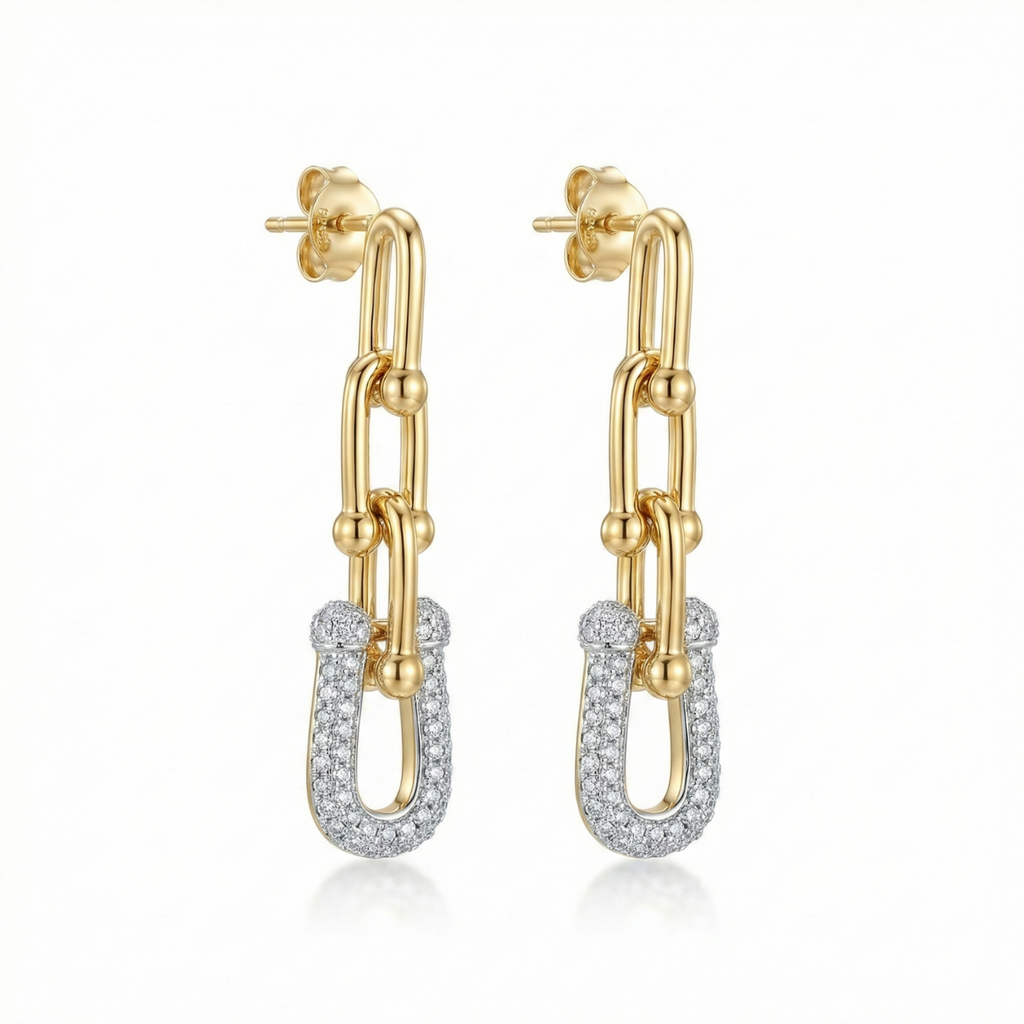 Pendientes Colgantes de Eslabones "U-Link" con Pavé – Acero Inoxidable Bañado en Oro 18K