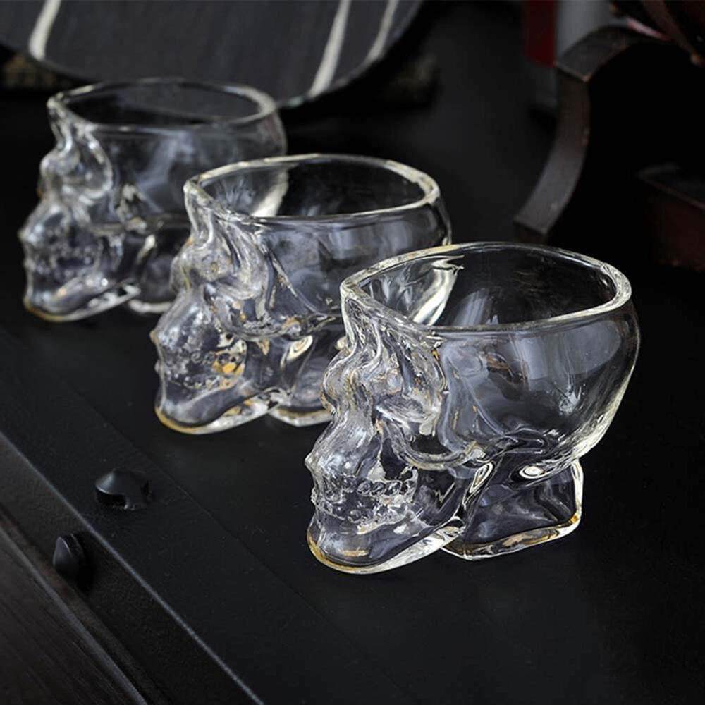 Juego de 3 vasos de chupito de cristal en forma de calavera en 3D de 80 ml