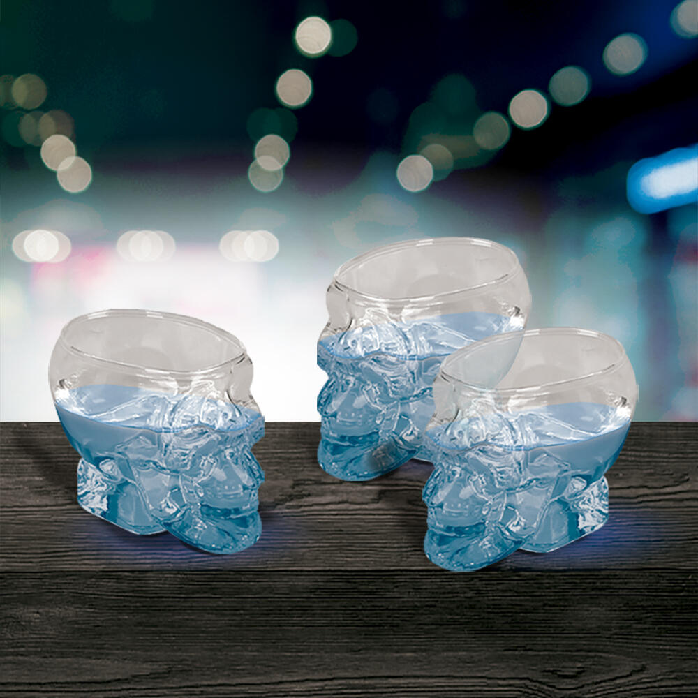 Juego de 3 vasos de chupito de cristal en forma de calavera en 3D de 80 ml