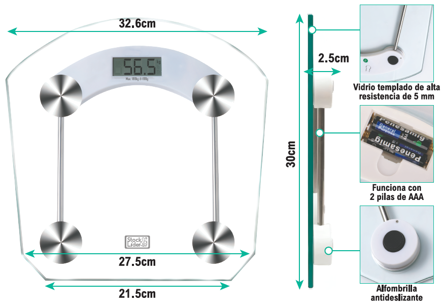 Báscula digital cuadrada con pantalla LCD de 4 dígitos hasta 180kg