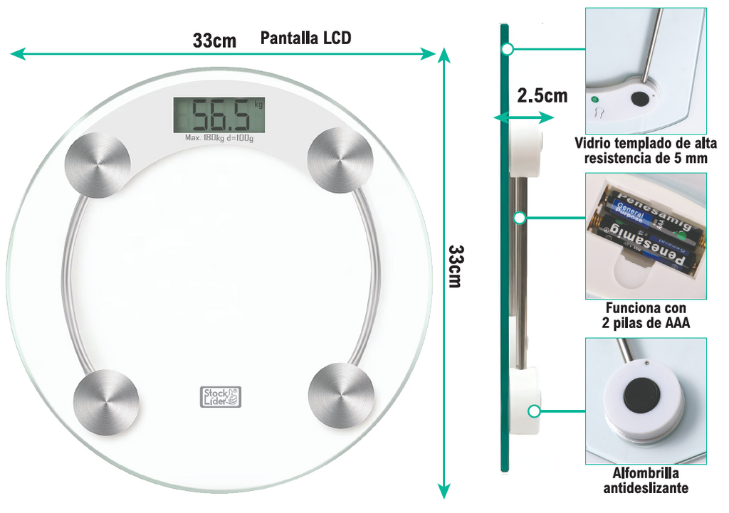 Báscula digital redonda con pantalla LCD de 4 dígitos