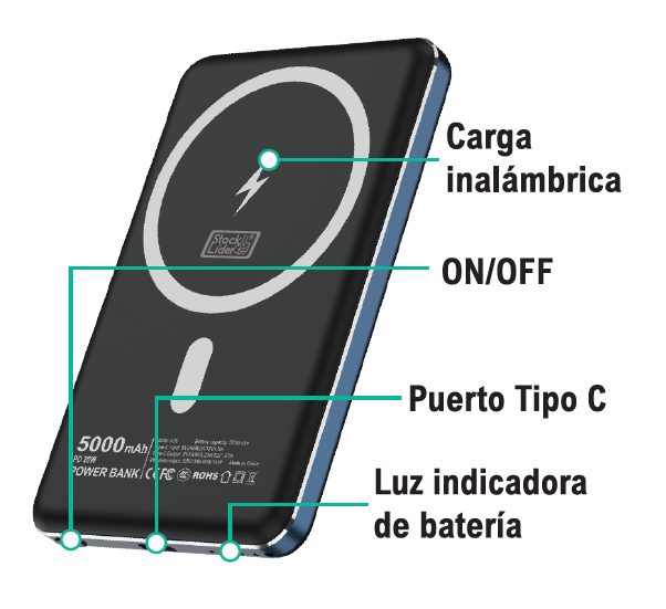 Powerbank inalámbrico Capacidad 5000 mAh USB Tipo C